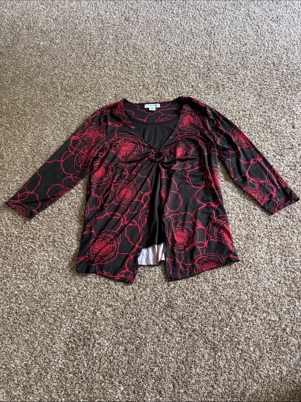 Sag Harbor Black Blouse with Red Floral Twist Front